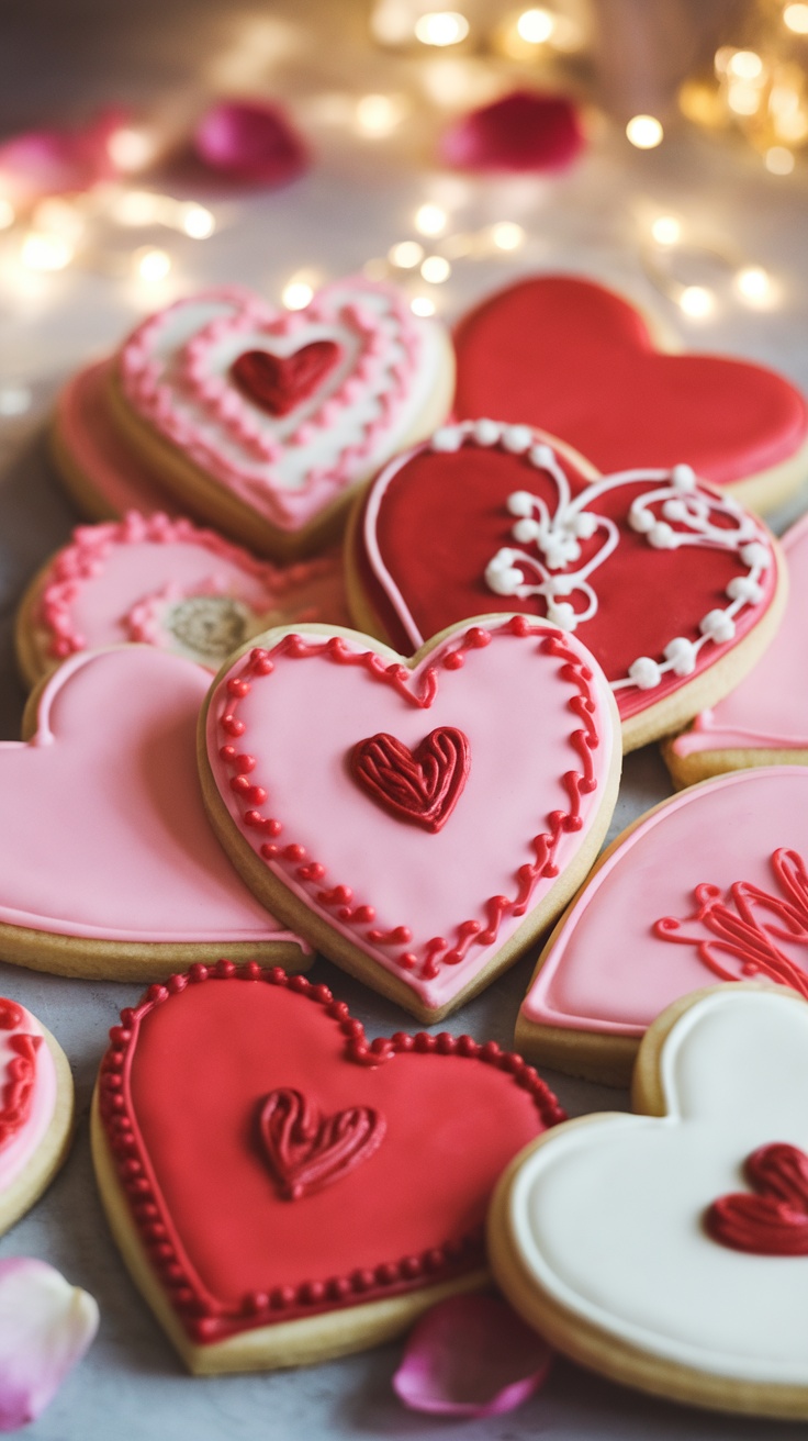 Decorated heart shaped sugar cookies with royal icing in pink and red colors, set on a romantic table.